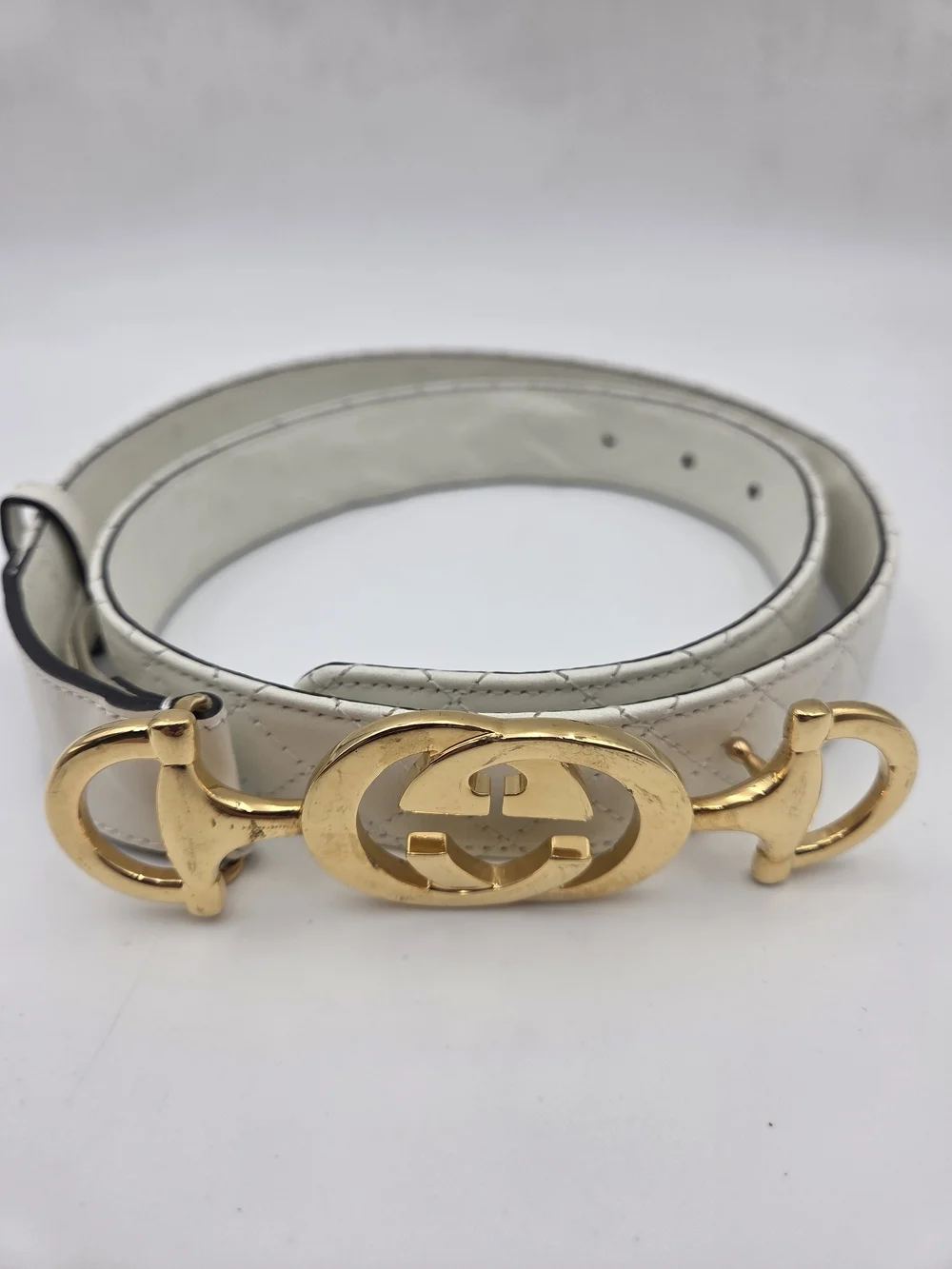 Gucci White Leather Belt with Gold Interlocking Buckle